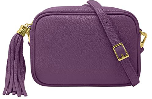Parubi, Borsa Donna a Tracolla, In Vera Pelle Grana Dollaro, Made in Italy, Modello Anastasia, Borsetta Piccola con Frange Pochette a Tracolla Clutch Da Donna Ragazza Elegante, Viola