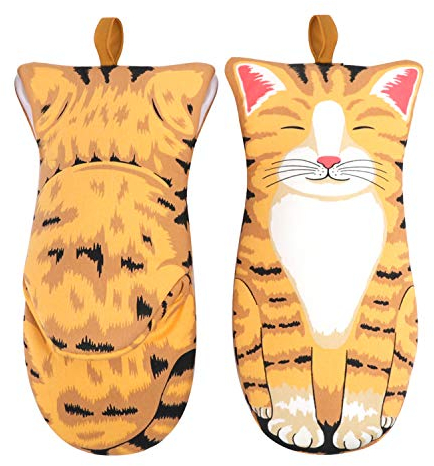 Lustige Ofenhandschuhe Backhandschuhe 1 Paar Küche Handschuhe Kochen, Hitzebeständiges Hängendes Design rutschfeste Ofenhandschuhe zum Backen, Grillen, Mikrowelle, Katze Muster (Katze)