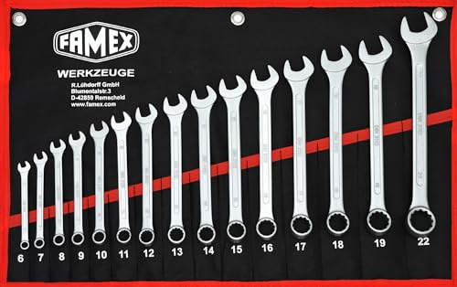 FAMEX 10349-15 Ring Maul Schlüssel Gabel Ring Schraubenschlüssel Satz aus hochwertigem Chrom-Vanadium Stahl - DIN 3113-15-tlg. - 6-22 mm inkl. 15, 16, 18 mm - Gabelringschlüssel Set - in Rolltasche