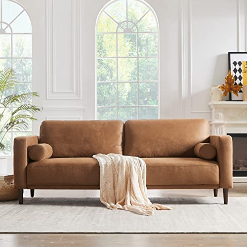 HIFIT 79 Brown Faux Leather Couch for Living Room, Mid-Century Modern Sofa