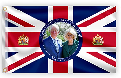 Drapeau Union Jack - 1,5 x 0,9 m - Drapeau du roi Charles III - Queen Consort Camilla - Sovereign - Couronnement - Décoration extérieure