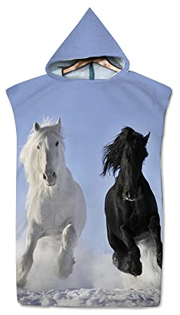 Hiseng Poncho Handtuch Tierdruck Surf Poncho mit Kapuze Strandtücher Schwimmen Strand Poncho für Jugendliche Erwachsene Mikrofaser Badeponcho Badetuch (Pferd,75x110cm)