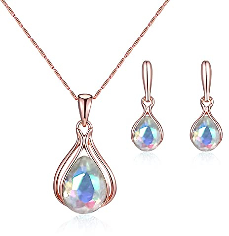 FFWTPY Jewellery Sets for Women Crystal Necklace and Earrings Set for wedding Rose Gold Teardrop Pendant Necklace Set Gift for Birthday Christmas Valentine’s day (Iridescen)