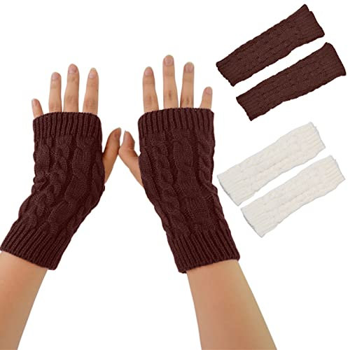 VEGCOO 2 Pairs Fingerless Gloves, Wrist Warmers Gloves Knit Arm Warmers,Women Girls Comfortable Wrist Glove Arm Mitten Knit Crochet Ladies(White, Brown)