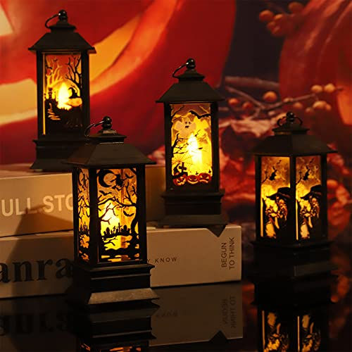 4 Stück Halloween Deko Kürbis Laterne 13cm Hohe, Halloween Laterne Outdoor mit LED Kerze, Halloween Deko Garten mit Batterie, Halloween Deko Laternen Herbst Draußen Baum Hängedeko Licht (Warmes Licht)
