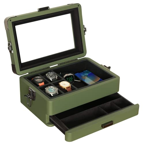 CASE ELEGANCE Militäruhrenbox mit 10 Fächern für Herren, Echtglasplatte, modulares Valet-Tablett, Apple Watch kompatibel mit Apple Watch-Ständer, Zubehörschublade – grün