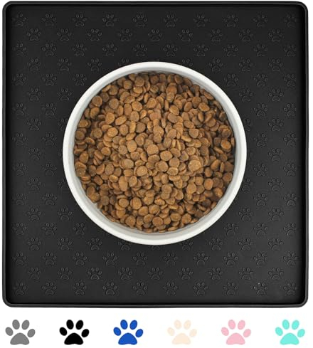 Ptlom Pet Placemat for Dog and Cat, Waterproof Non-Slip Silicone Feeding Bowl Mat Prevent Food and Water Overflow, Puppy Dish Feeder Fountain Trays Suitable for Medium and Small Pets, Black