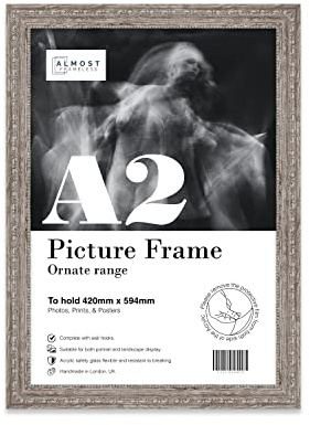 Almost Frameless A2 Walnut Ornate Picture Frame Fits A2 (42 x 59.4cm - 16.5 x 23.4in) Poster, Photo, Artwork, or Print. Shabby Chic Style Portrait and Landscape Display with Wall Hooks