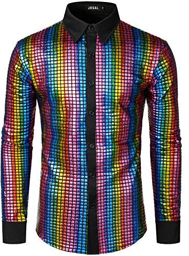 JOGAL Herren Langarm Pailletten Kleid Glitzer Hemd 70er Disco Party Kustüm Multicolour Klein