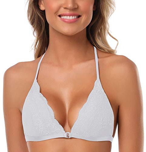 SHEKINI Women's Lace Bralette Sexy Triangular Bra Front Fastening with Removable Pads Backless Bras Plus Size, White, M