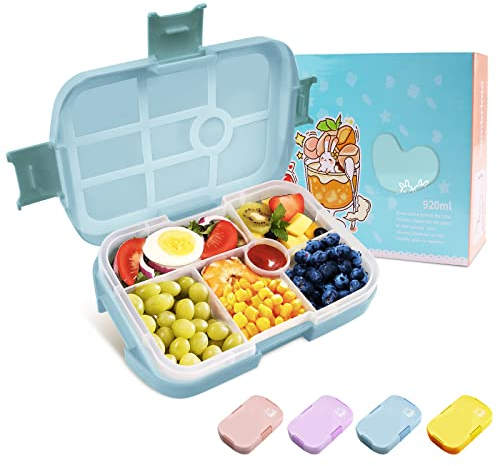 Homtibrm Bento Lunch Box, 920ML Kids Lunch Box with 6 Compartments Snack Salad Box Food Container for Childrens Girls Boys Adults Work School, Microwave Freezer & Dishwasher Safe (Blue)
