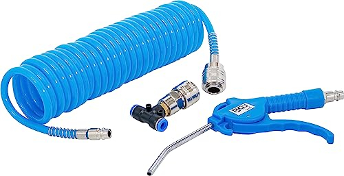 BGS 74253 | Druckluft-Ausblaspistole | mit Druckluft-Spiralschlauch und T-Verbinder | Drukluftpistole | Griff aus blauem Nylon-Fiberglas