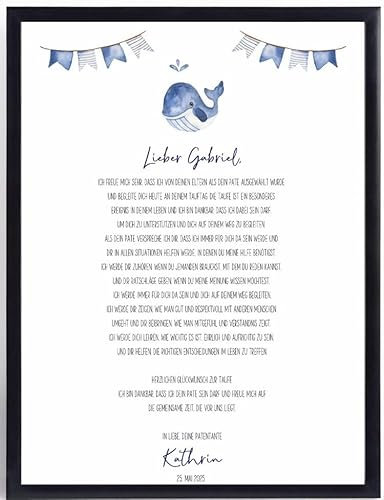 Patenbrief WAL WAL-FISCH in blau & weiß vom Paten an das Kind Patengeschenk Poster Taufgeschenk für Jungen personalisierbar mit Namen des Babys & des Paten / der Patin Geschenk Taufe A3 29,7 x 42cm