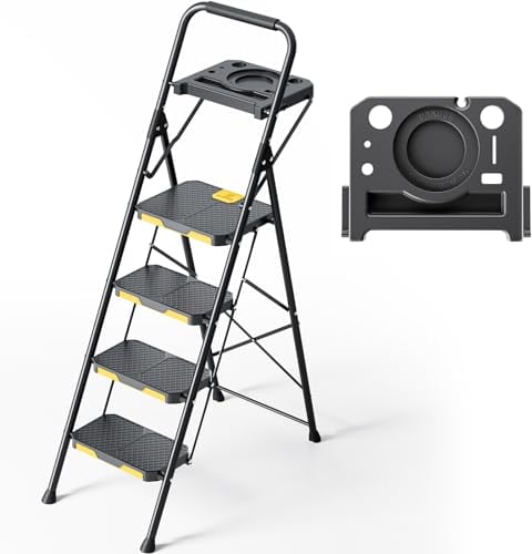 KINGRACK Leiter 4 Stufen, trittleiter 4 Stufen klappbar, mit Werkzeugablage und Handläufen, leichte Haushaltsleiter für Ihre Küche, Speisekammer, Schränke, Büro (Schwarz, step ladder)
