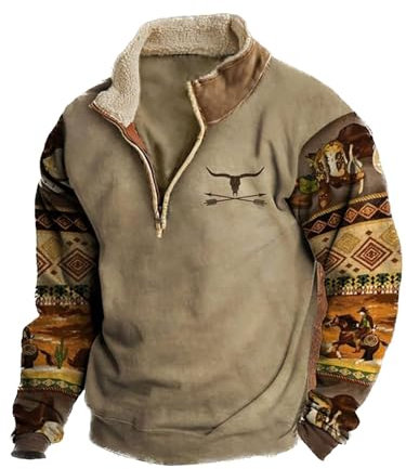 Dixacyer Felpe da uomo in pile western cowboy testa di toro stampa pullover top 1/4 zip colletto stand manica lunga giacche country, B, L
