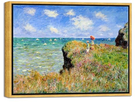 Wieco Art Framed Canvas Print Wall Art Cliff Walk at Pourville,1882 by Claude Monet Mondern Classic Art Print Picture for living room Home Decorations Bronze Gold Frame
