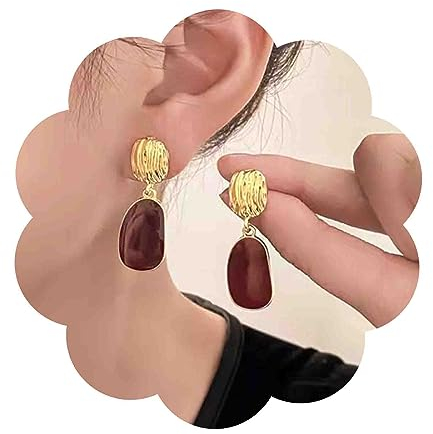 Aneneiceera Vintage Ovale Emaille-Ohrringe In Burgunderrot Und Gold - Gehämmerte Ohrstecker, Unregelmäßige Tropfen-Ohrringe In Acryl Rot - Geometrische Schmuck