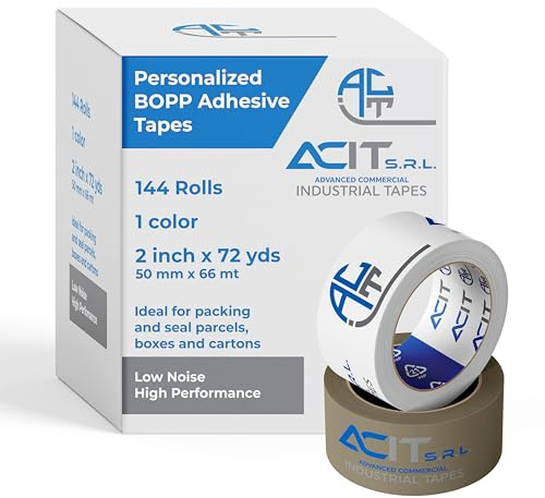 ACIT Nastro adesivo personalizzato, Nastro da imballaggio per pacchi e scatoloni per trasloco, nastro adesivo personalizzato con logo, 144 rotoli un colore, 66 o 132mt (66mt)