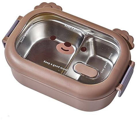 AMZLORD Fiambrera para niños de acero inoxidable, 2 compartimentos, bonito recipiente para alimentos, a prueba de fugas, diseño de cierre de doble cara, depósito para comida/frutas/verduras
