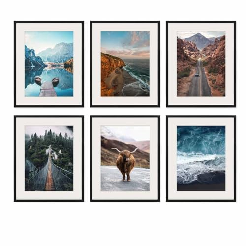 PHOTOLINI Bilderrahmen 40x50 schwarz Holz MDF, 6er Set Bilderrahmen 50x40 schwarz mit Passepartout, bruchsicheres Acrylglas, Rahmen 40x50 zum Aufhängen mit Zubehör - picture frames für Fotos, Poster