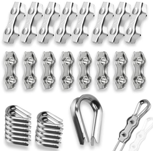 Abrazaderas de Cable de Alambre, 32 piezas M2 Tensores de Alambre de Acero Inoxidable 304, con 16 Abrazaderas de Cable de Alambre de 2 mm y 16 Cuerdas de Alambre, Conectores de Cable, para Tendederos