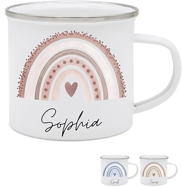 wunderwunsch Emaille Tasse Kinder personalisiert, Trinkbecher mit Namen | Kleiner Emailletasse Camping Becher für Mädchen und Jungs, Kindertasse zum Kindergarten und Schulanfang oder Weihnachten