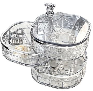 Himilucky Jewellery Storage Box for Girls, 3 Layers Clear Rotating Jewelry Storage, Small Jewellery Box Earring Holder with Lid for Earring Organizer for Rings, Earrings, Necklace, Bracelets