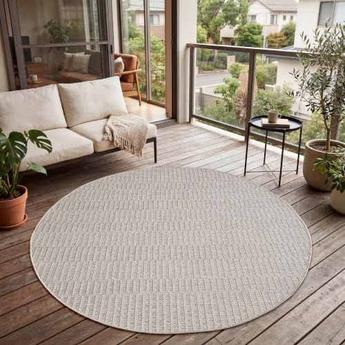 Paco Home Outdoor Teppich, Wetterfest, UV-beständig & Pflegeleicht, Flachgewebe Modern Boho-Style. Ideal für Terrasse Balkon Wohnzimmer & Küche, Grösse:160 cm Rund, Farbe:Beige 5