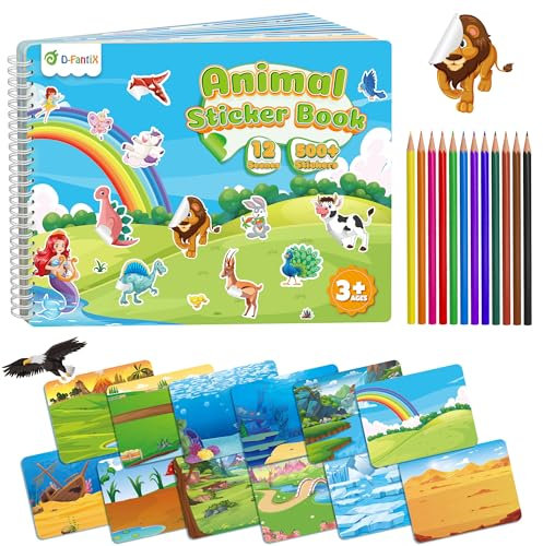 D-FantiX Stickerbuch ab 3 4 5 6 7 8 jahre für Kinder, Stickerheft und Malbuch - Dinosaurier, Tiere, Nixen, Stickerbüch Geschenk für Jungen Mädchen, beschäftigung autofahrt kinder