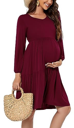 Smallsho Robe Grossesse Manches Longues Femmes Robe Maternité Wine L