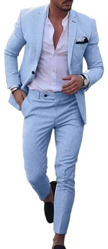 UNINUKOO Mens 2 Piece Suit Linen Summer Top Blazer Pants Sets Beach Wedding Wear Vacation Prom Suits for Men US Size XXL Sky Blue