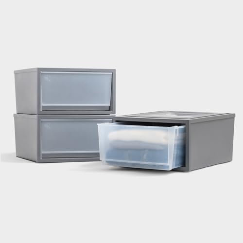 Iris Ohyama, Stapelbare Kunststoff-Schubladen für Kleidung, Hemden, 32L, 3er-Set, Medium, Dunkelgrau, Leicht Gleitende Schublade, für Kleiderschrank, Schlafzimmer, BPA frei, Box, Schrank, BC-NS-500