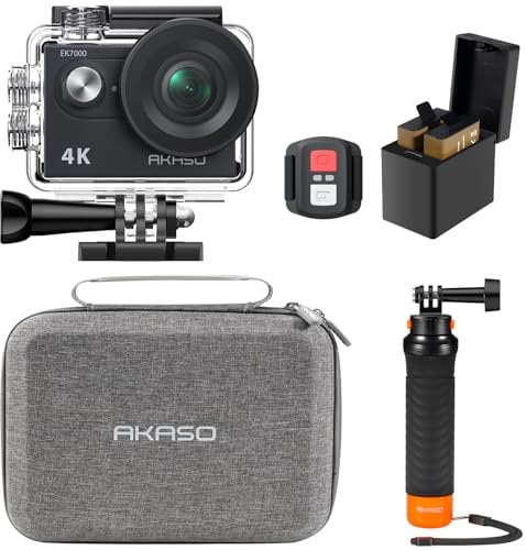 AKASO Pack de Buceo EK7000 Cámara Deportiva 4K 20MP WiFi Cámara de Acción para Surf y Buceo Camara Acuatica Sumergible con Empuñadura Flotante Impermeable, Bolsa de Almacenamiento, 2 Baterías