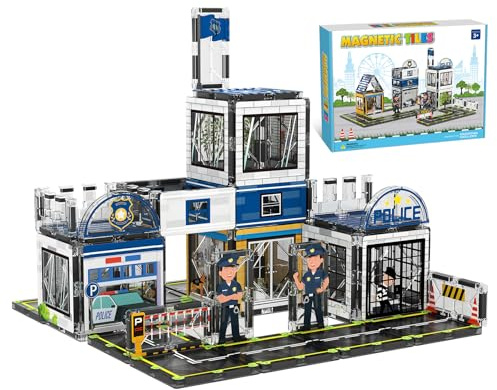AFUNX Magnetic Tiles, 50PCS Police Station Theme Building Blocks Set, Magnet Building Blocks and STEM Preschool Toys for Toddlers Kids Ages 3-5 5-7 8-10