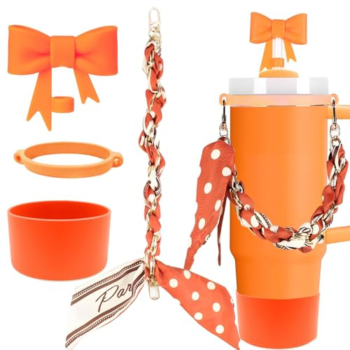 LEISENOR Stanley Cup Accessories Set, bow Including Water Bottle Handle Strap, Straw Cover Boots for Stanley, 10mm Silicone Straw Toppers for Tumblers, Bow Cup Accessories for 20&30&40Oz (orange)