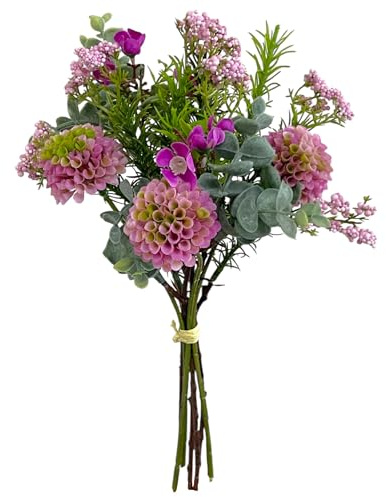 creativ home Künstlicher Pompondahlien-Mixbund, Tischdekoration Kunstblumen Kunstpflanzen Blumenstrauß mit Dahlien Eukalyptus. Rosa Lila PINK