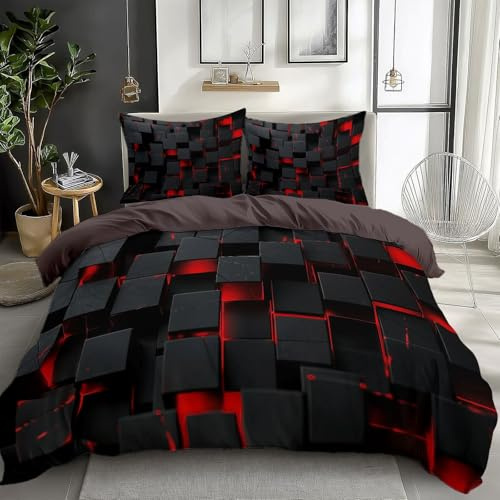 Bettwäsche Set Würfel Rot Licht Und Schatten Schwarz Rot, Weiches Atmungsaktives Bettwäsche-Set 3-Teilig Mit Reißverschluss, Bedruckter Wendebettbezug Für Schlafzimmerdekoration 135 cm X 200 cm