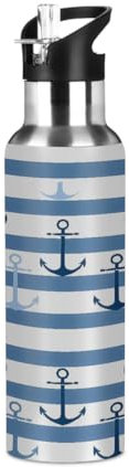 Mexpekil Navy Blue Ocean Anchor Stripes Water Bottles 600ml Insulated Stainless Steel Water Bottle with Straw Leakproof Vacuum Flask for Kids Adults