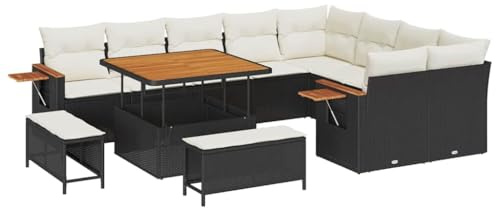 vidaXL 12-teiliges Garten-Sofa-Set mit Kissen - Schwarz aus Poly-Rattan und Creme Weiß für Patio, Balkon und Terrasse. Modulares, UV-beständiges, modernes Design.