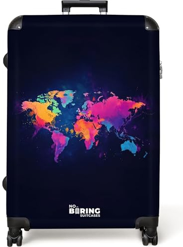 NoBoringSuitcases.com® Koffer XL Groß 77x51.5x28 cm Reisekoffer mit Rollen Leicht Trolley großer Hartschalenkoffer Rollkoffer L Größe Weltkarte - Bunt - Graffiti