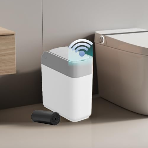 ianomla Bathroom Bin with Grey Sliding Lid Automatic Trash Can, 12L Slimline Smart Wastebasket, Narrow Motion Sensor Garbage Bin with Trash Bags, for Bedroom, Bathroom, Kitchen, Office, White