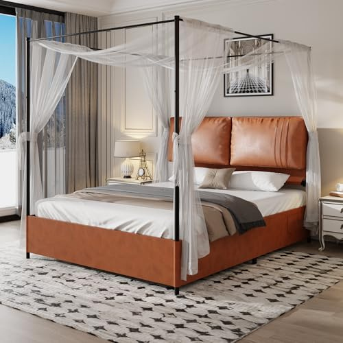 HYSZ Luxus Polsterbett,Modernes Doppelbett mit 2 weichen Lederkissen, stabilem Metallrahmen, 4 abnehmbaren Lederfüßen,kein Boxfeder,Leichter High-End-Stil (Brown, 160 * 200cm)