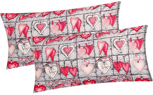 Renforcé Kissenbezug - 2er Set in 40x80cm Landhaus (EW-358/1-40x80) | Motiv: Herzen, Liebe - Kopfkissen-Bezug, Kissenhülle, Dekokissenbezug aus 100% Baumwolle, Reißverschluss
