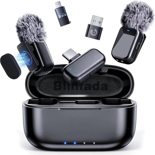 Blinfada Mini 2 microphones cravate sans fil pour iPhone 16/17 et Android, suppression du bruit AI, contrôle par application, batterie 30H avec étui de charge, microphone à revers sans fil pour