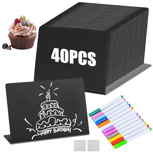 PLLYPE 40 pcs Kreidetafel Klein, 10x7.6 cm Mini Tafeln zum Beschriften, L-Form Kleine Tafel, Kunststoff Buffet Schilder mit 11 Farbstifte für Nachrichtenschilder, Preisschilder, Tischkarten