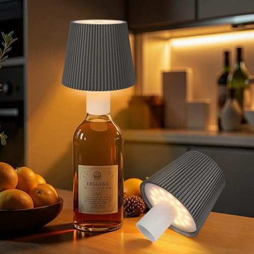 Ketom Flaschenlampe Aufsatz LED Aufladbar Felsgrau, IP54 Wasserdicht | 2 Stück Lampenschirm für Flasche, Akku Lampe für Flasche LED USB, 3 Farbtemperaturen, Dimmbare, Touch Control, Als Tischlampe