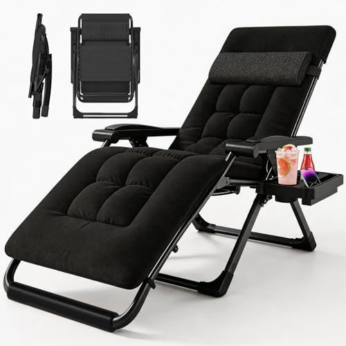 BYYBOU Gen2 Klappbarer Sonnenstuhl, Garten liegestuhl, Outdoor relaxstuhl mit liegefunktion, für Innenhof,Strand,Pool, mit Polsterstütze, 200KG, mit Verstellbarer Rückenlehne, HalskissenSchwarz 65cm