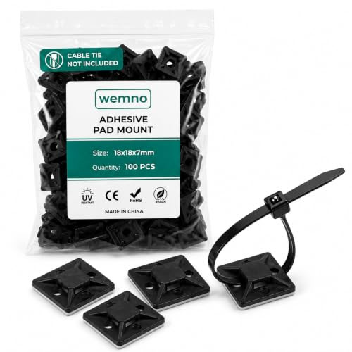 WEMNO Self Adhesive Cable Tie Base 100 Pack | Sticky Zip Tie Pads | 100 sticky cable tie pads | No-drill peel and press | UV stabilised nylon | fits 2.5-4.8mm ties | Indoor & outdoor