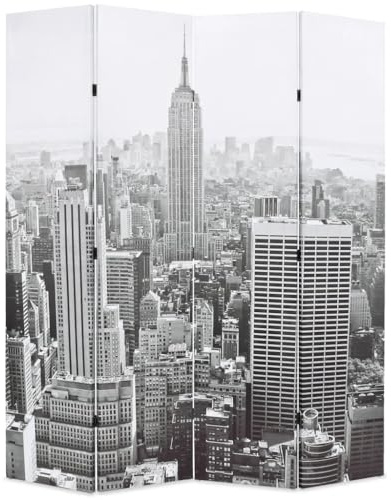 Trennwand, faltbar, 160 x 170 cm, New York, Schwarz und Weiß, Paravent aus Holz und Leinwand, mit Empire View State Building, dekorativer Raumteiler für Schlafzimmer, Wohnzimmer