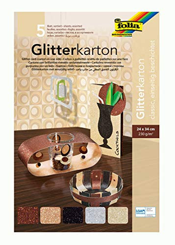 folia 85149 - Glitterkarton Classic, farbig sortiert, 24 x 34 cm, 5 Blatt, 300 g/qm - für elegante und funkelnde Bastelarbeiten